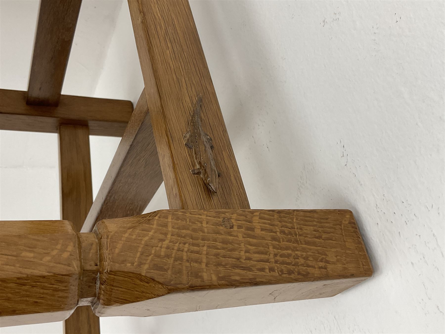 'Lizardman' set six dining chairs, two carvers and four side chairs, carved and pierced lattice top rail over cushioned back and drop in seat upholstered in brown leather, by Derek Slater of Crayke