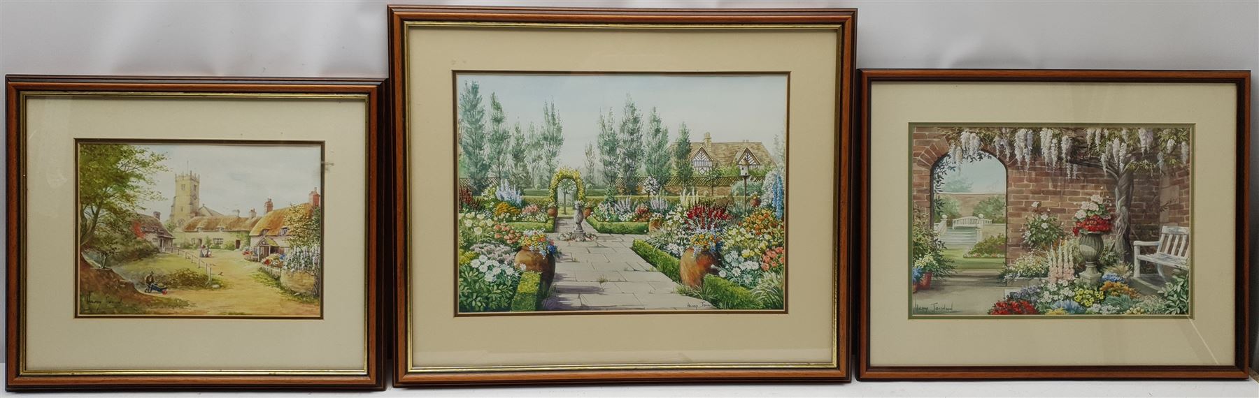 Hilary Johnson (British 20th century): 'Godshill Isle of Wight' and Garden Views, three watercolours signed, max 29cm x 40cm (3)