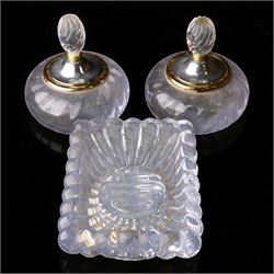  Glass vanity dish and pair of lidded vessels, retailed by Harrods, dish L17cm, H7cm