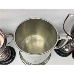 Collection of pewter and silver-plated trophy cups and presentation tankards, largest H28cm
