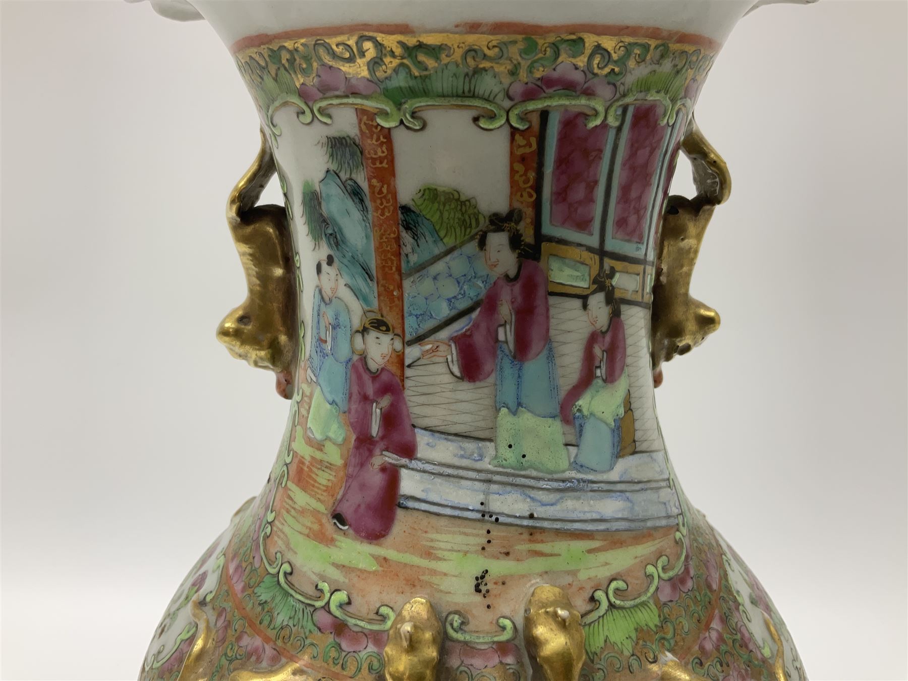 19th century Chinese Canton Famille Rose vase, decorated with figural panels against floral and foliate scroll ground, converted to a lamp, H46cm