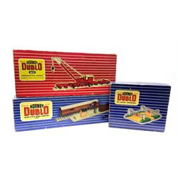 Hornby Dublo - 3400 T.P.O. Mail Van Set three-rail, in blue striped box with switch, mail bags, instructions and tested label; 4620 Breakdown Crane, in red striped box with jacks; and D1 Level Crossing, in blue striped box (3)