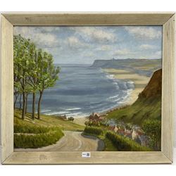 Jack Burton (Bridlington 1909-2004) 'Lythe Bank Sandsend' looking towards Whitby, oil on board signed, titled on artist's address label verso 58cm x 68cm 
Notes: Burton was a founder member of Bridlington Art Society in 1948, and was also a member of the Fylingdales Group of Artists.