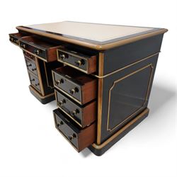 J. Maple & Co. (London: 1841-1988) - Victorian black painted and parcel gilt twin pedestal desk, moulded rectangular top with rounded corners and cream leather writing surface, fitted with nine drawers, on moulded plinth base, stamped 'J. Maple & Son' 