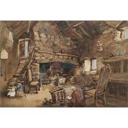 English School (Early 20th century): Figures in a Stone Cottage Interior, watercolour unsigned 39cm x 58cm