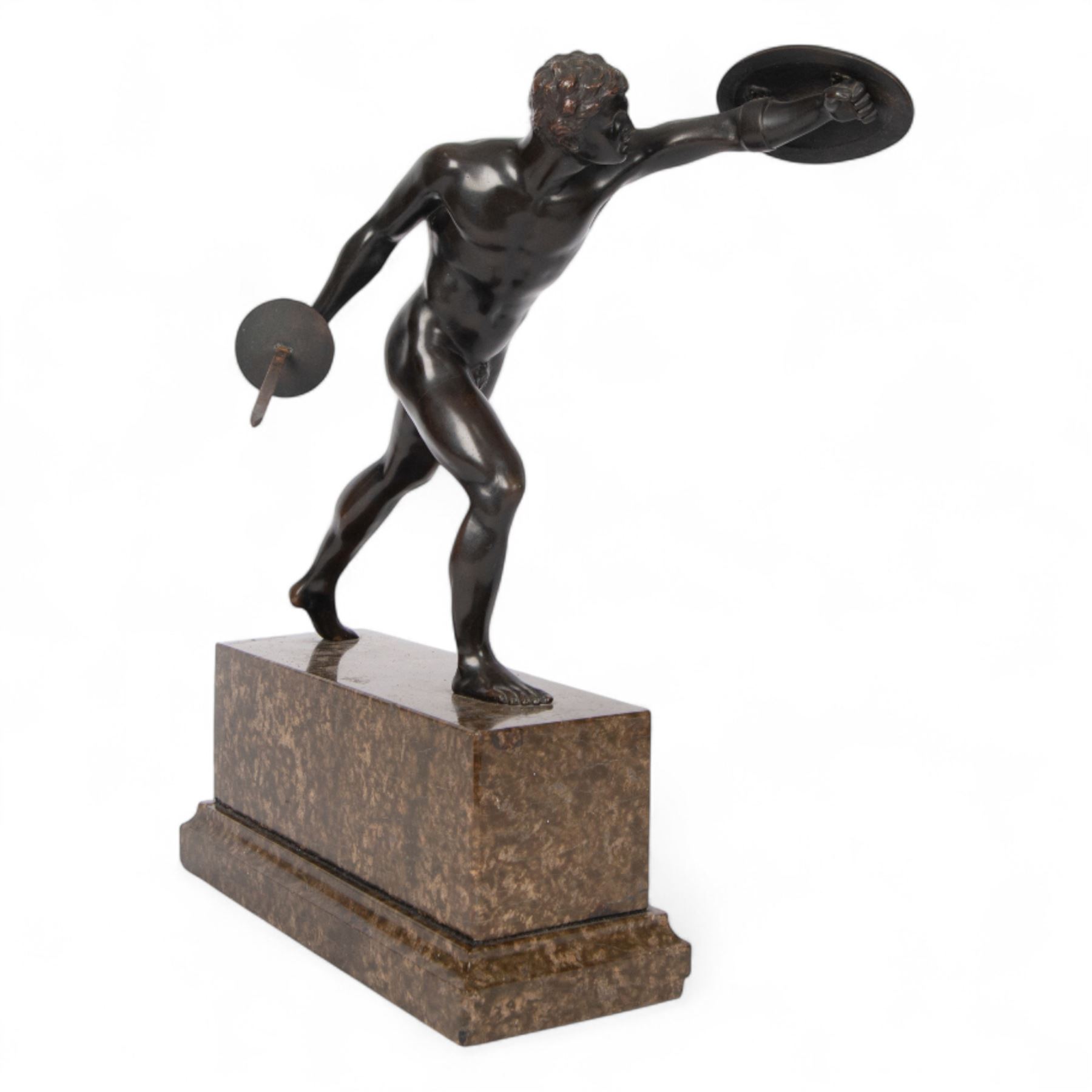 Third Reich; bronze sculpture, after Arno Breker modelled as a Gladiator upon a stepped rectangular marble base, belonging to Hans Christian Weber, gifted to him on the Day of German Art parade 1938 from Mayor Karl Fiehier, H45cm 