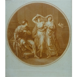  'Cleone' and Figures in Conversation, three 18th century stipple engravings after Angelica Kauffman (British 1741-1807) pub. W. Wynne Ryland max 38cm x 33cm and one other 19th century engraving 44cm x 36cm (4)  