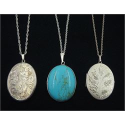 Silver turquoise pendant necklace and two silver locket pendant necklaces, all hallmarked or stamped 