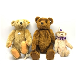 Three Steiff Teddy Bears, each with jointed limbs, glass eyes and button to ear, two limited edition examples with white tags, Teddy Clown 33/5000, and 55/7000, plus one with yellow tag and growler. 