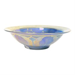 Jonathan Chiswell Jones, studio pottery lustre bowl, circular form, blue ground painted to the centre with a goose amongst foliage, painted mark beneath, D30cm