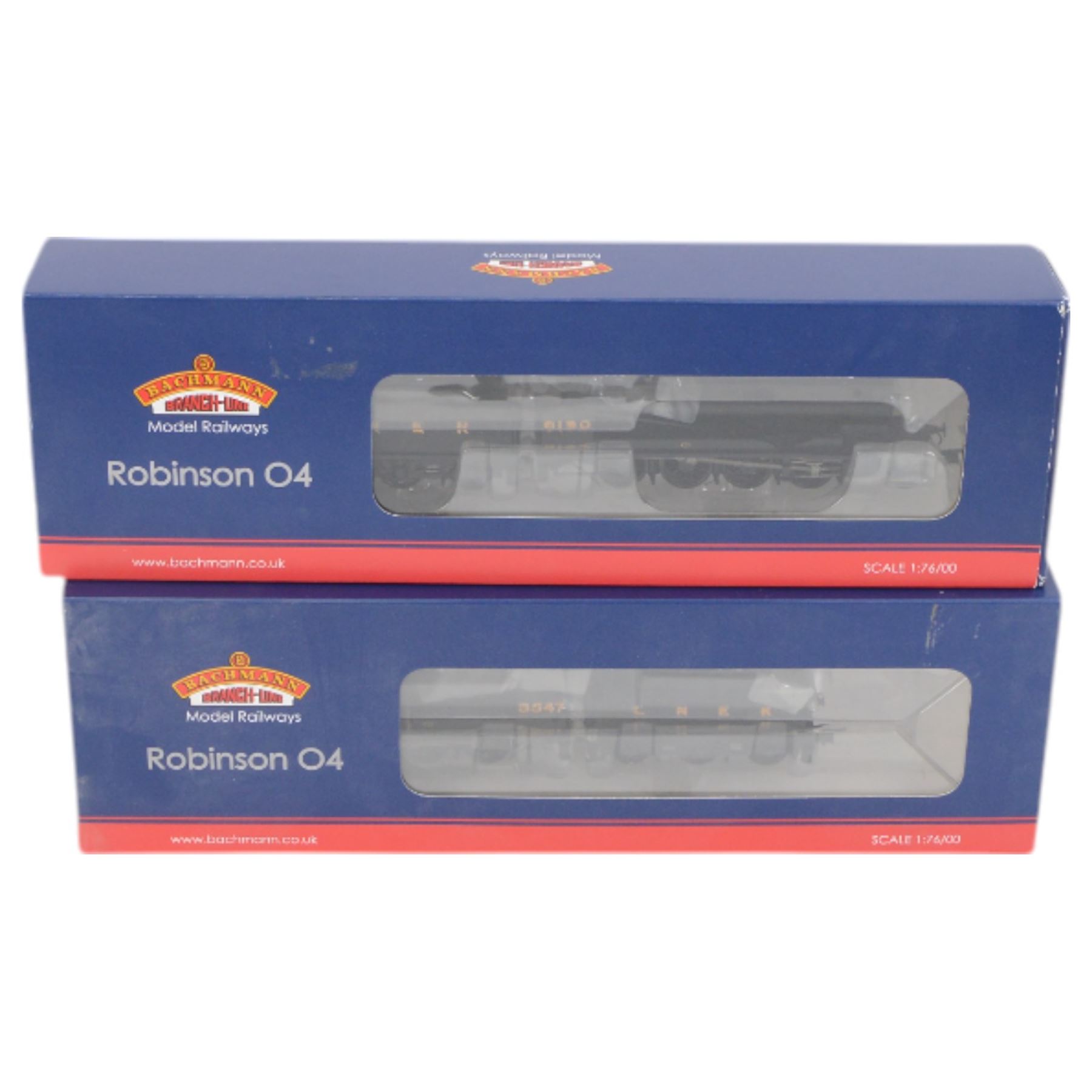 Two Bachmann 00 gauge locomotives, comprising 31005 Robinson O4 class locomotive and tender no.3457 in LNER black and 31003 Robinson O4 class locomotive and tender no. 6190 in LNER black, both boxed