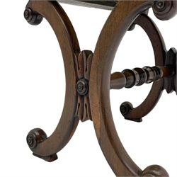 Regency rosewood stool, cushioned seat upholstered in floral needle work in moulded frame, curved x-framed supports with scrolled terminals, united by turned stretcher