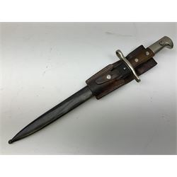 British Enfield 1907 model SMLE bayonet, with 43cm fullered steel blade and metal mounted leather scabbard L58cm overall; and Schmidt-Rubin Model 1918 bayonet the 30cm steel blade marked Elsener Schwyz No.579722; in steel scabbard with leather frog marked G. Bertolini Sellaio Vira/G.Tic 79 L45cm overall (2)