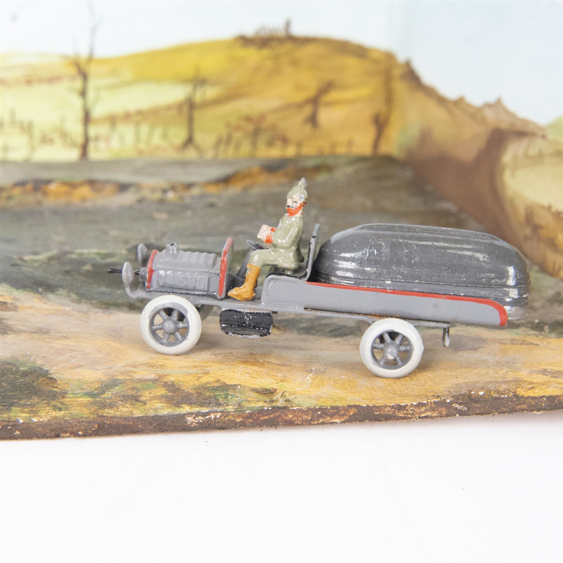 Ernst Plank; Pontoon diorama, with three wagons, pontoon boats, wooden planks and joints with all passengers and drivers, circa 1912, diorama is displayed in book Ernest Plank Miniatures; Vehicles, Transport Toys & Accessories by Jeff Carpenter pages 29 and 30  