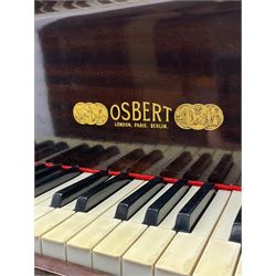 A mid 20th century English baby grand piano by Osbert, with an iron frame and overstrung stringing in a mahogany case,  conforming Lyre with sustain and una corda pedals and music desk, with original stringing, hammer action, dampers and felts, 7-1/4 octaves with 88 original ebony and ivory covered keys, with stool