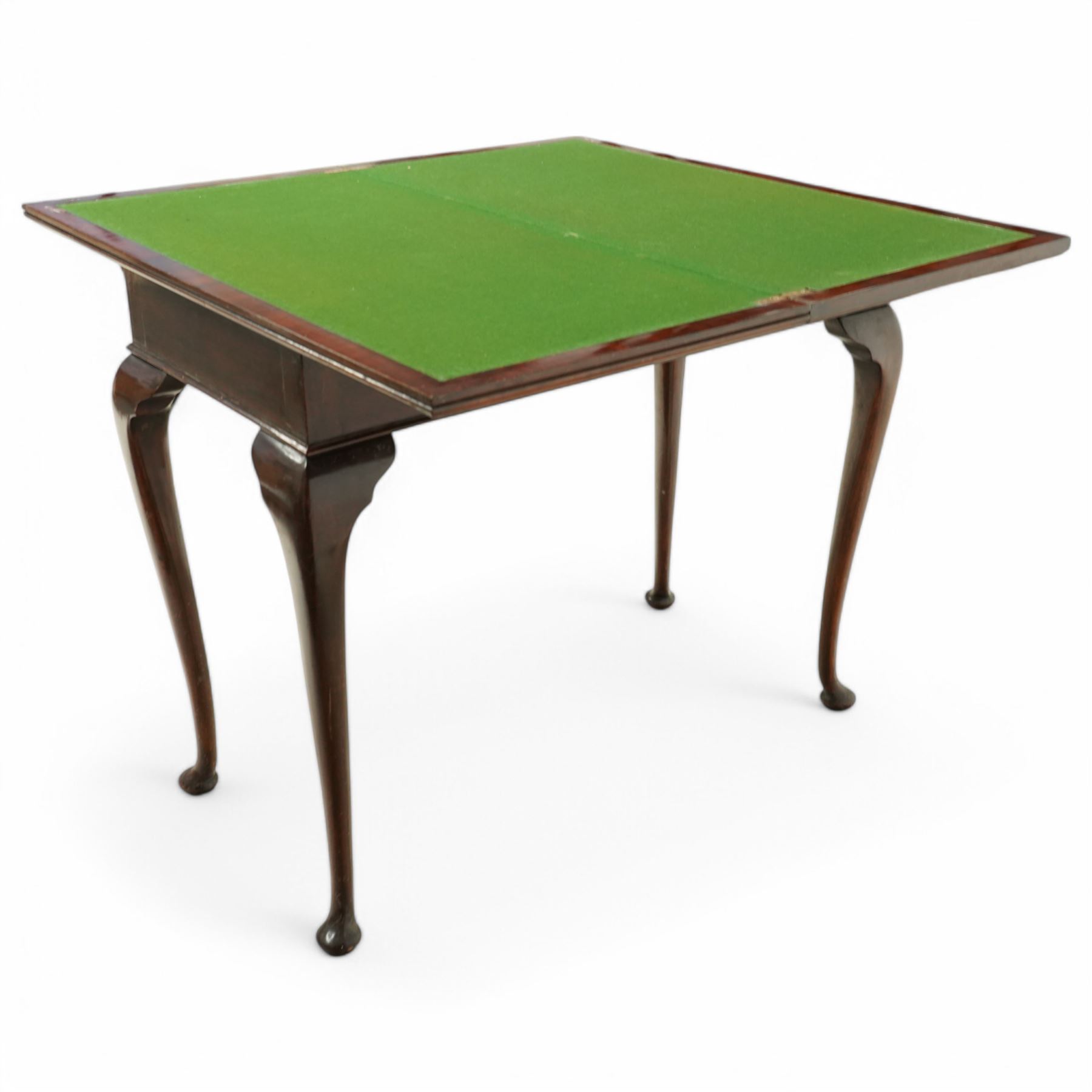   Early 20th century mahogany card table, hinged baize lined sliding top top, cabriole legs on pad feet