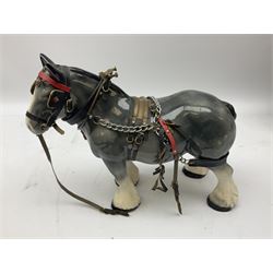 Four Melba Ware Shire horse figures and another similar, and three wood carts