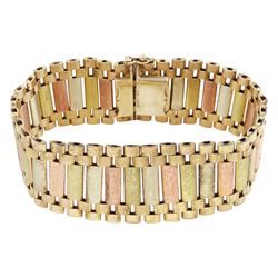 9ct tri-coloured gold textured and polished link bracelet, Birmingham 1976