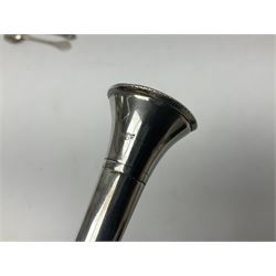 Modern silver specimen vase, of trumpet form, upon tapering knopped stem and weighted circular foot, hallmarked A T Cannon Ltd, Birmingham, date mark worn and indistinct, together with a Edwardian silver Dog Nose pattern fork and spoon set, hallmarked John Round & Son Ltd, Sheffield 1904, a silver coffee spoon, embossed with a golfing scene, hallmarked and two other spoons