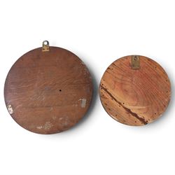 Edwardian 8-day ships bulkhead clock and aneroid barometer, both in circular oak cases with carved rope twist bezels, the clock with a painted metal dial, roman numerals, minute track, steel spade hands and with platform regulation, the barometer with weather predictions, steel indicating hand and brass recording hand with a curved mercury thermometer, largest D28cm
