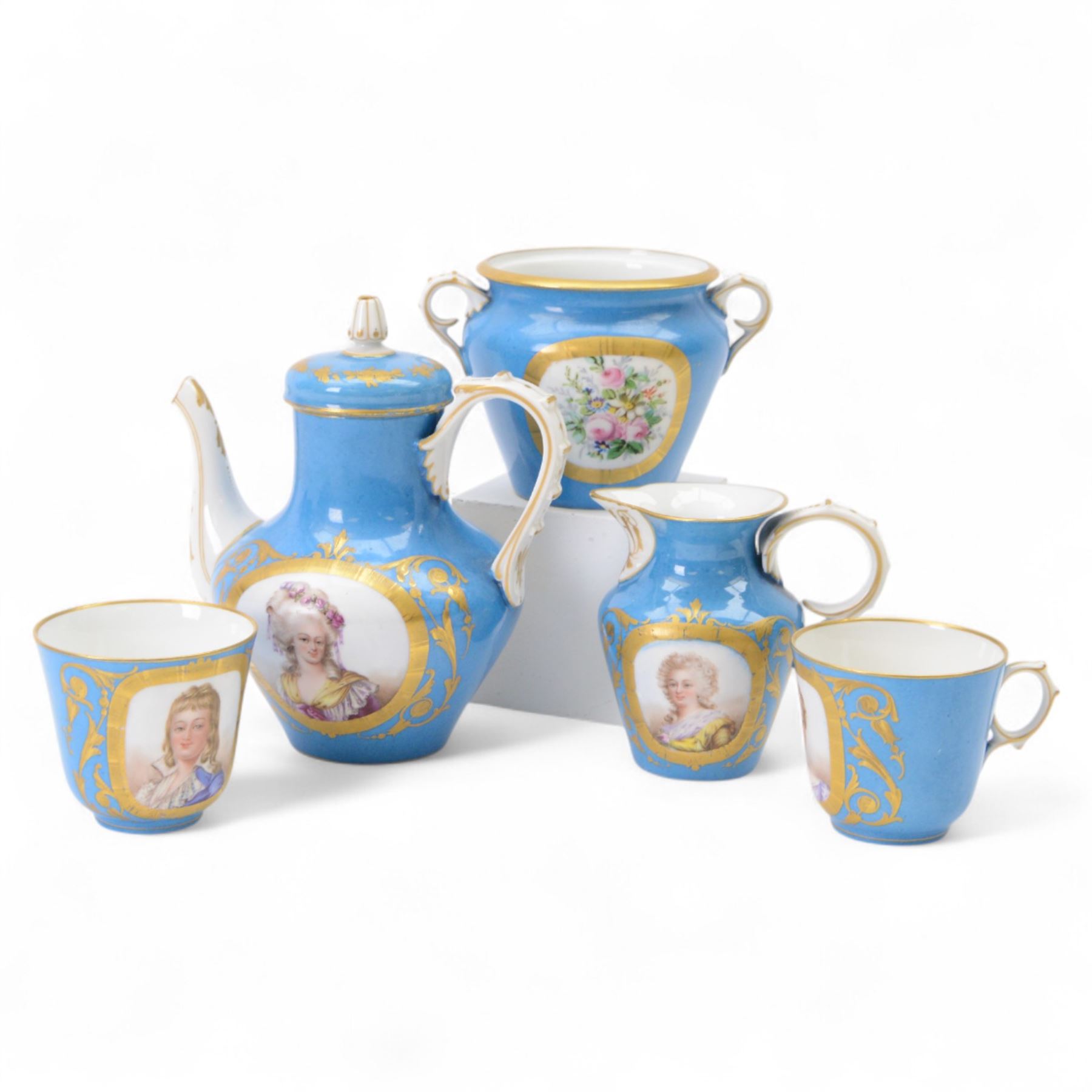 Sevres style part cabaret tea set, comprising teapot, twin handled sucrier, milk jug, and pair of tea cups, each with hand painted portrait reserves within gilt scrolling borders upon a bleu celeste ground, the teapot, sucrier and jug also detailed with hand painted floral sprays, each with spurious Sevres mark beneath, teapot H16.5cm