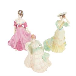 Eighteen Coalport Age of Elegance bisque figurines, including Brighton Promenade, Kensington Parade, Spring Pageant and Mandarin Crescent, mostly boxed