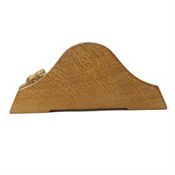 Beaverman - oak arched top mantel clock, with acorn and oak leaf carvings to spandrels, fitted with Hermle Quartz movement with Roman dial, with carved beaver signature, by Colin Almack of Sutton near Thirsk