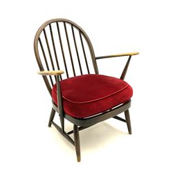 Ercol hoop back low armchair, with upholstered seat, turned supports joined with ‘H’ stretcher 