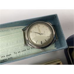 Pair of Georgian silver dress buttons, silver caddy spoon, silver fob medals, silver watches, set of six silver plated teaspoons, set of gilt buttons with ship design, etc