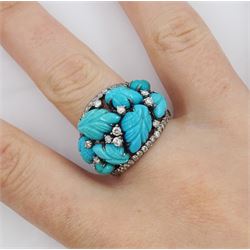 18ct gold black rhodium plated turquoise leaf and round brilliant cut diamond ring, stamped 750