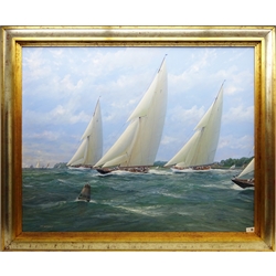  Michael J Whitehand (British 1941-): 'Shamrock Britannia and Cambria Racing in the Solent', oil on canvas signed, titled verso 99cm x 124cm  DDS - Artist's resale rights may apply to this lot  
