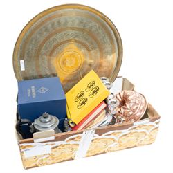 Copper jelly mould, Bohemia crystal decanter, boxed, assorted silver plated items, Benares...