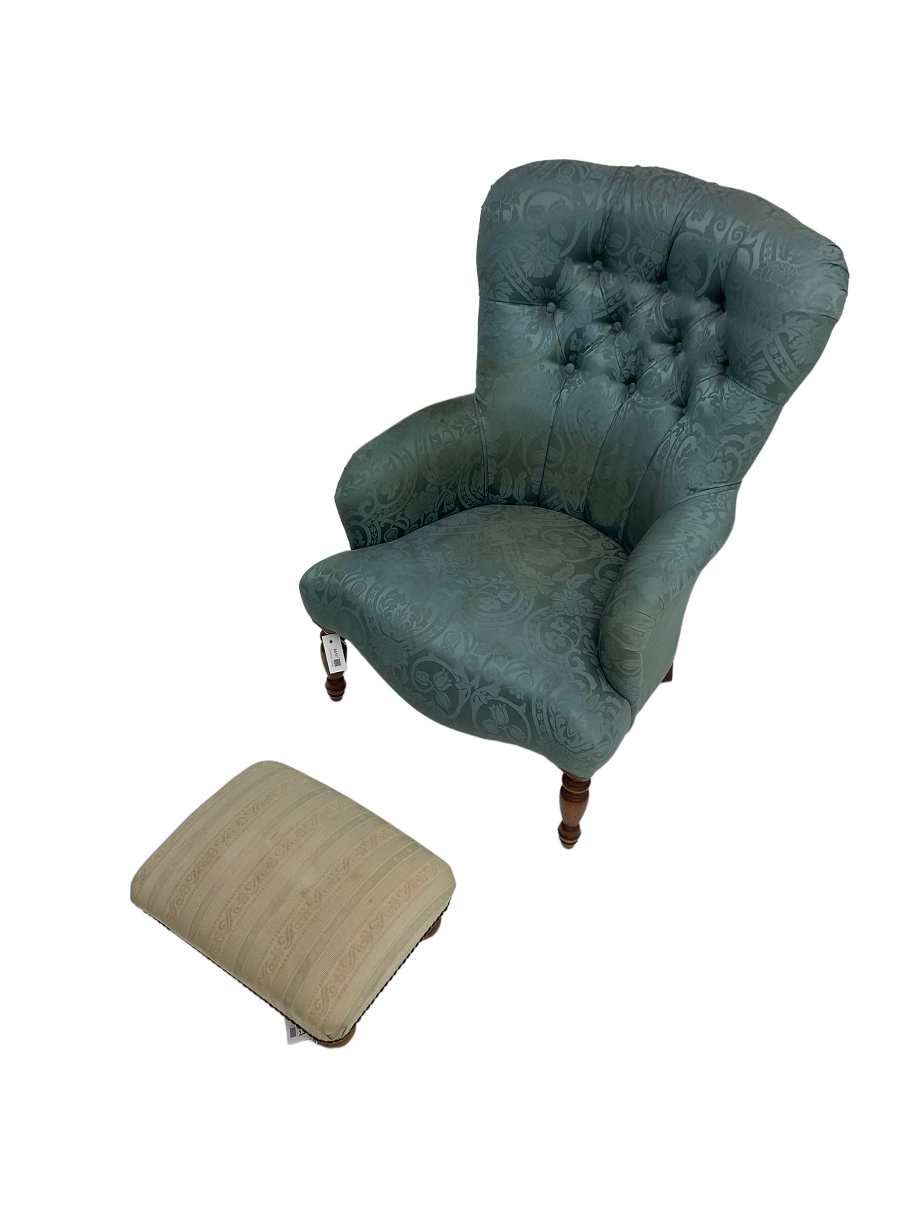 Victorian style bedroom chair in buttoned upholstry and a rectangular upholstered footstool