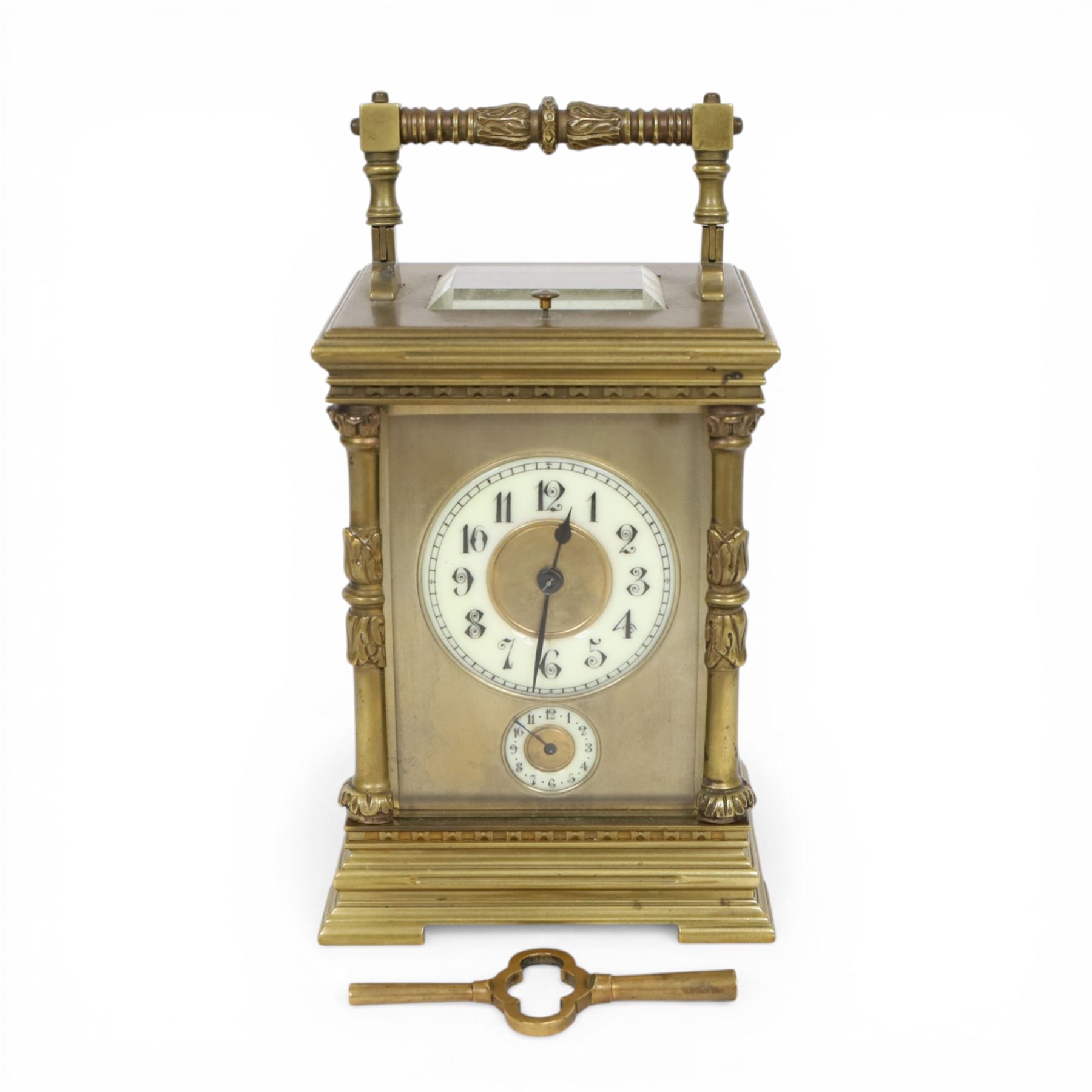 French - 8-day striking carriage clock with alarm and repeat functions, c1900,  case of architectural form with swing handle, gilt dial mask alarm setting dial and enamel chapter, Arabic numerals and blued steel hands, rack striking movement, striking the hours, half-hours and repeat on a coiled gong, with a silvered lever platform escapement, in running condition with key, 14.5cm high 10.5cm wide