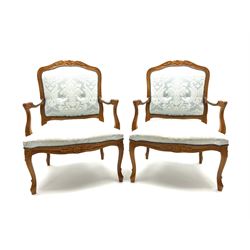 Pair French beech framed upholstered armchairs
