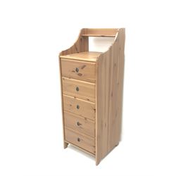 Pine pedestal chest, raised back, five drawers, shaped solid end supports