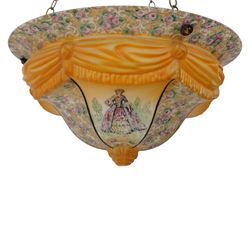  Early 20th century painted glass ceiling light fitting, the domed shade decorated with figural panels alternating with scrolling foliate and floral reserves, centred by a moulded knop finial, in amber and pastel tones
