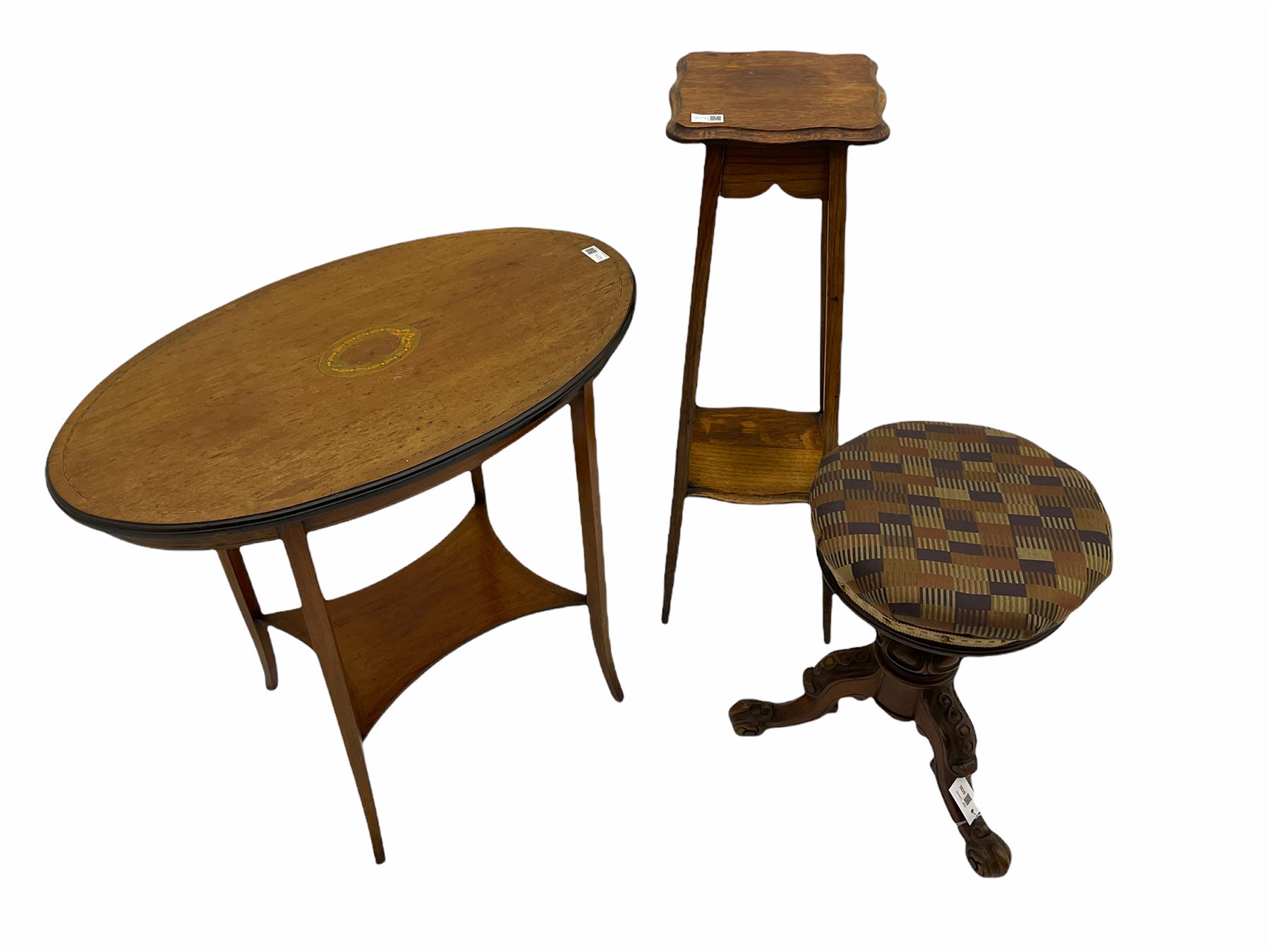 Victorian rosewood revolving piano stool, oak plant stand and an inlaid