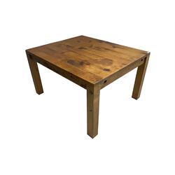 Rustic waxed pine dining table, rectangular plank top on block supports, together with set six beech ladder back dining chairs