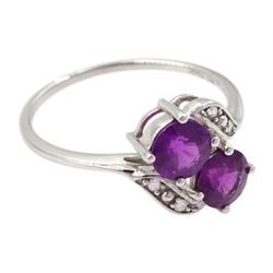 9ct white gold purple garnet and diamond crossover ring, hallmarked