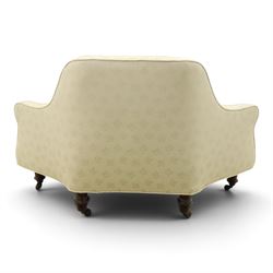 Victorian mahogany frame parlour settee, in back-buttoned ivory fabric