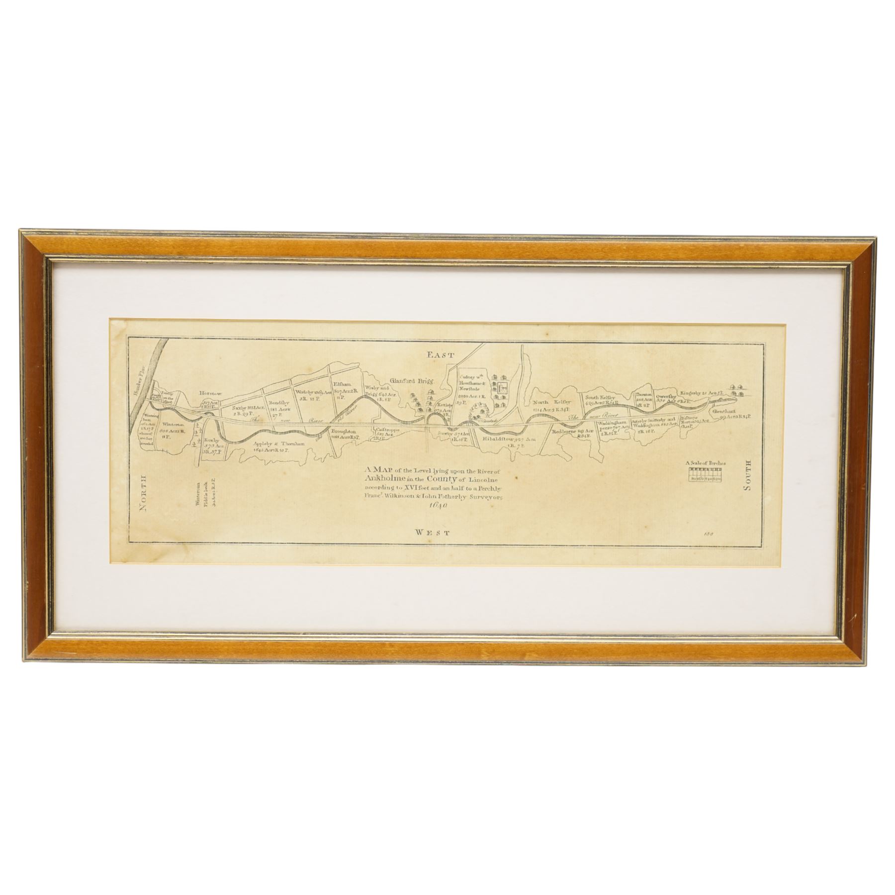 W Rawson (British Early 19th century) after John Cary (British 1754-1835): 'A Plan of the Level of Ancholme in the County of Lincoln', engraved map reduced to a scale of 1/4 mile to an inch from the 1767–8 survey by E Johnson and J Dickinson, pub. 1815, 20cm x 66cm; Francis Wilkinson & John Fotherby (British 17th century): 'A Map of the Level lying upon the River of Ancholme in the County of Lincoln, 17th century engraved map pub. Dugdale's 'History of Imbanking and Draining' c.1640, 15cm x 40cm (2) (unframed)