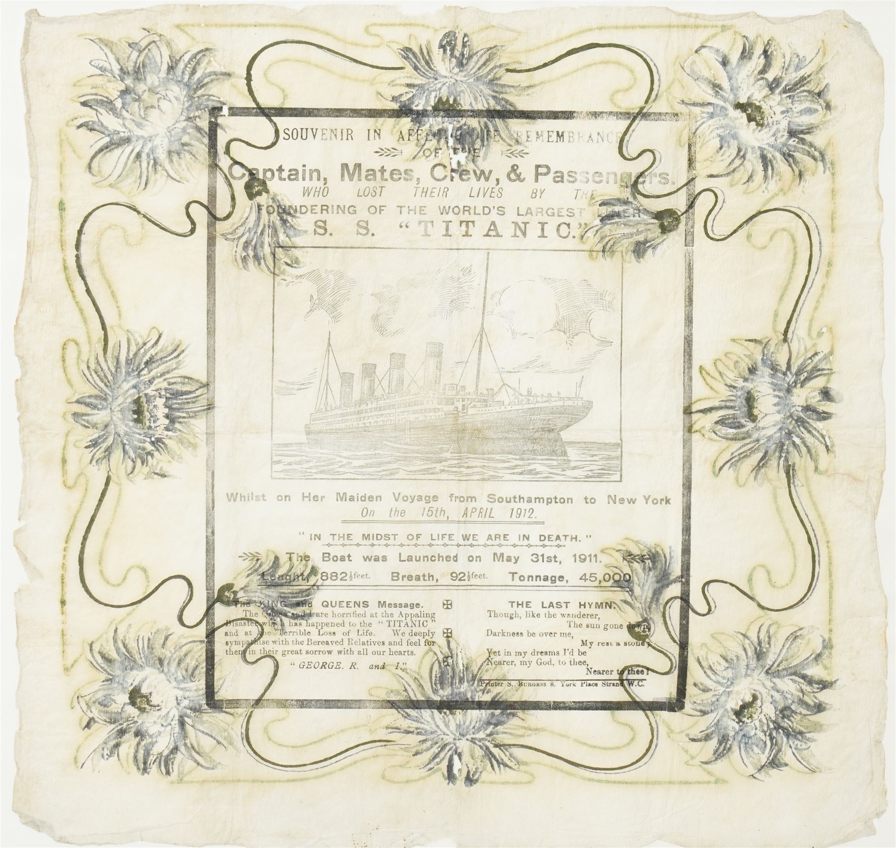 Titanic interest -  Commemorative printed remembrance handkerchief, souvenir in affectionate remembrance of the Captain, Mates, Crew and Passengers ..... SS Titanic printed by S Burgess, Strand, London 37cm x 37cm framed