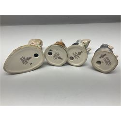 Five Royal Doulton Beatrix Potter figures, comprising Poppy Eyebright, Clover, Lord Woodmouse, Mr Apple and Dusty Dogwood, together with Beswick Appley Dapply figure and three Crummles Beatrix Potter enamel pill boxes