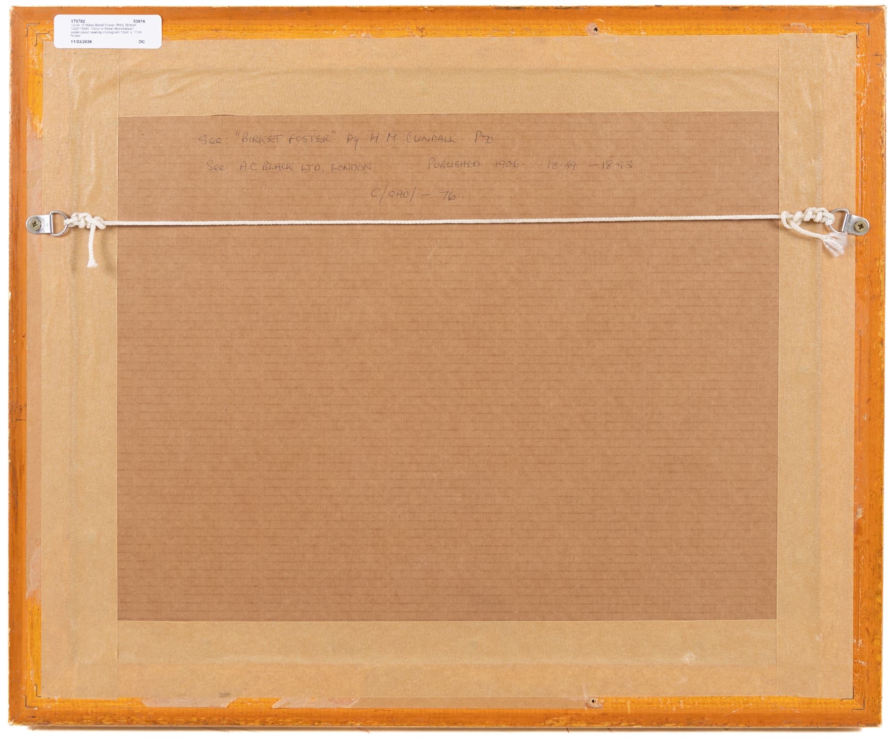 Circle of Myles Birket Foster RWS (British 1825-1899): 'Victoria Street Manchester', watercolour bearing monogram 13cm x 17cm
Notes: an almost identical picture appears on page 70 of H M Cundall's book about the work of Birket Foster, however there is a difference in the size 