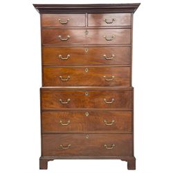 George III figured mahogany chest-on-chest, projecting moulded cornice over two short and six long graduating cock-beaded drawers, on bracket feet