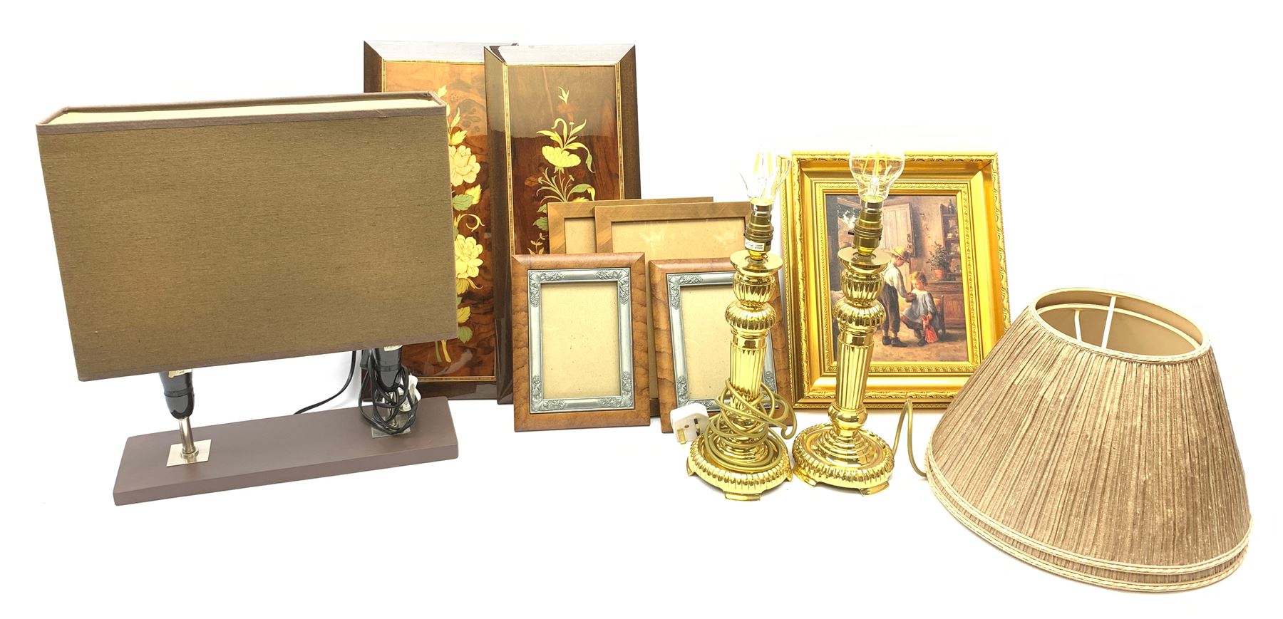 Pair of modern fluted brass table lamps and shades, gilt framed print