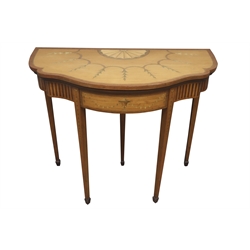  Late 19th century Adam style inlaid satinwood card table, serpentine crossbanded baise lined demi-lune folding top with fan medallion and bellflower drapery on similar square tapered supports with spade feet, W92cm, D92cm, H79cm, max  
