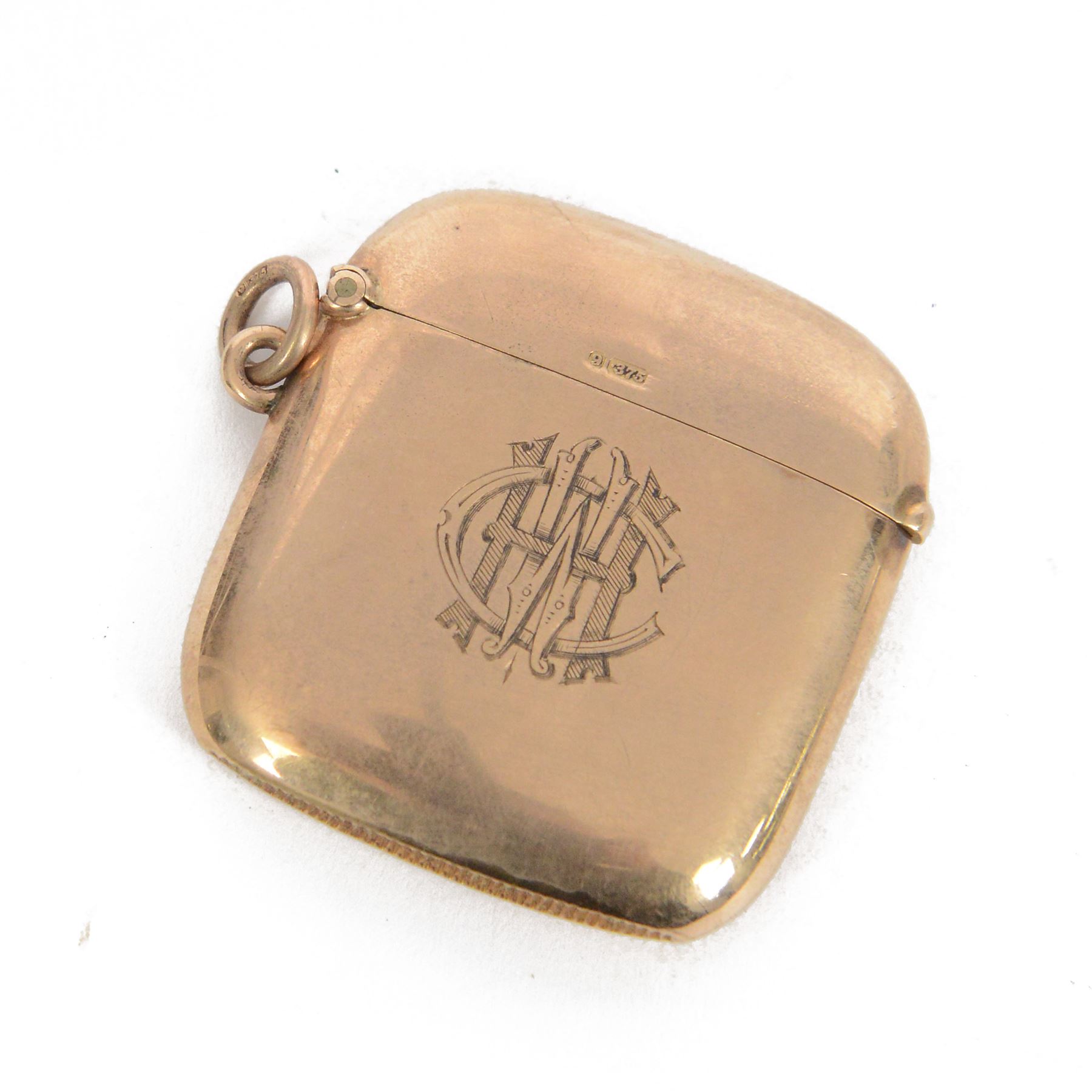 Edwardian 9ct gold vesta case, engraved with castle to one side and monogram to the other, hallmarked Chester 1906, H4.5cm