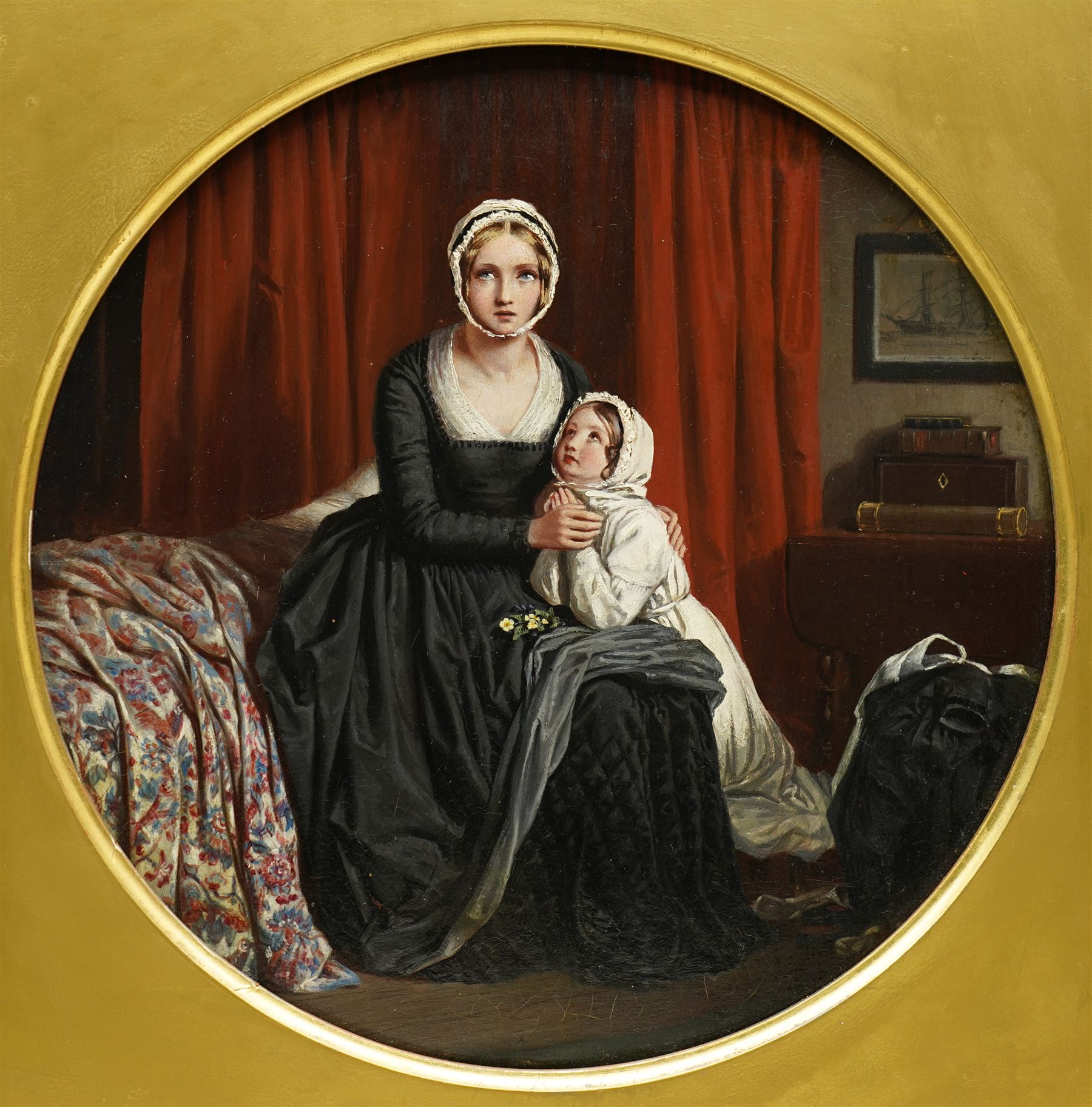 Walter Francis Tiffin (British fl.1845-1867): Portrait of a Lady in Mourning with Young Girl in a Bedroom Interior, circular oil on panel signed and dated 1850 verso 25cm x 25cm